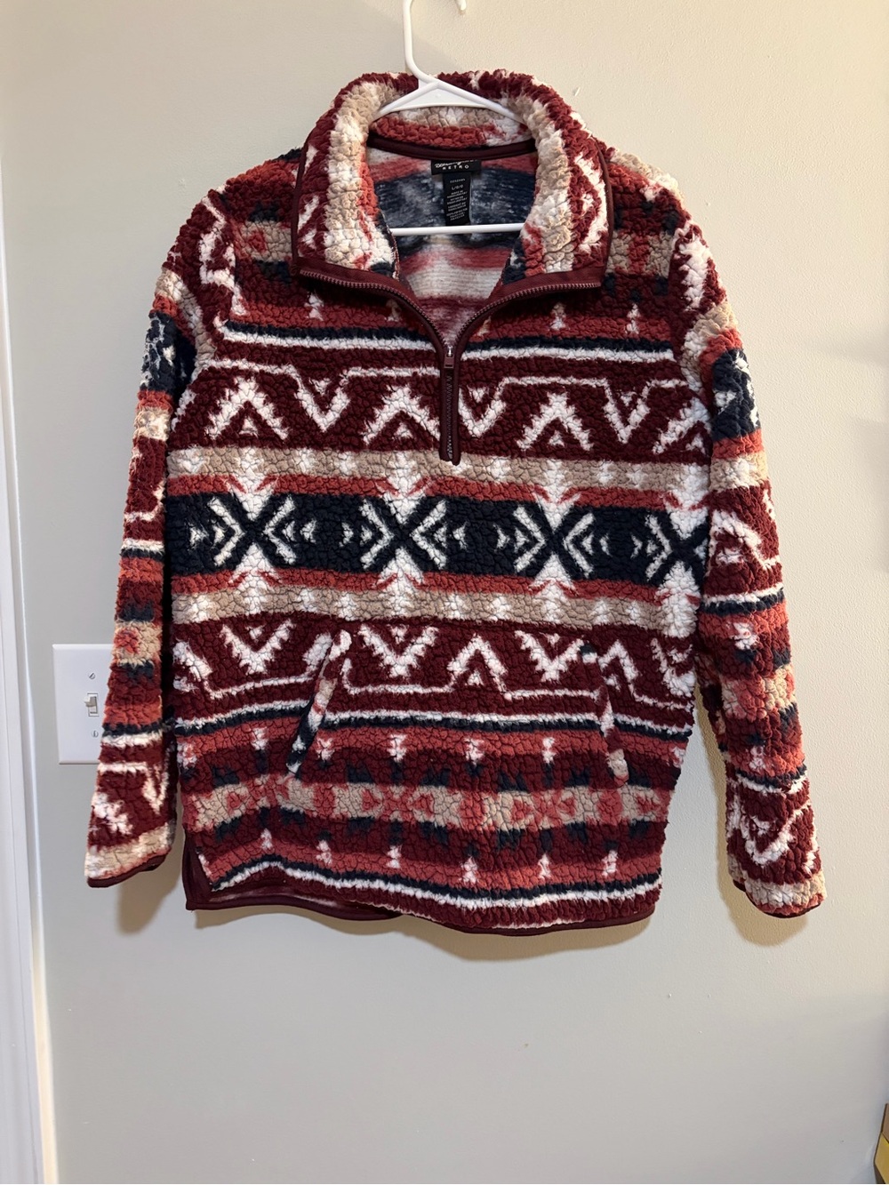Wrangler Retro Burgundy, Navy & Cream Patterned Zip-Up Sherpa Pullover